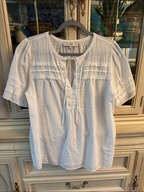 LOFT White Swiss Dot Cotton Tie-Neck Short Sleeve Blouse